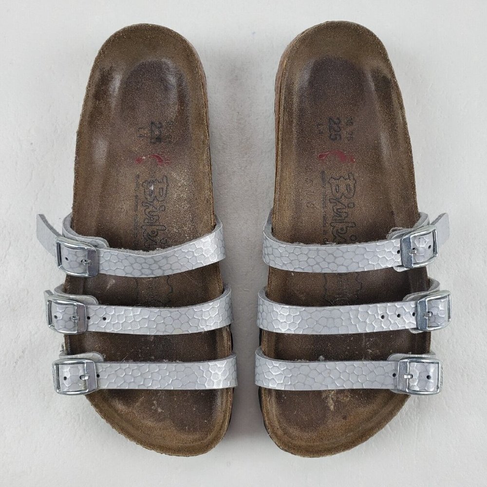 Birkis Birkenstock Metallic Sandals Silver Womens 4-4.5 35 Leather Strappy Slide - Picture 2 of 11